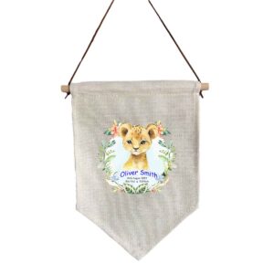 Boy Lion Linen Flag with Birth Details
