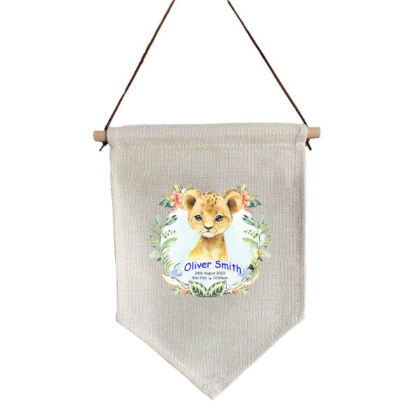 Boy Lion Linen Flag with Birth Details