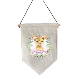 Girl Lion Linen Flag with Birth Details