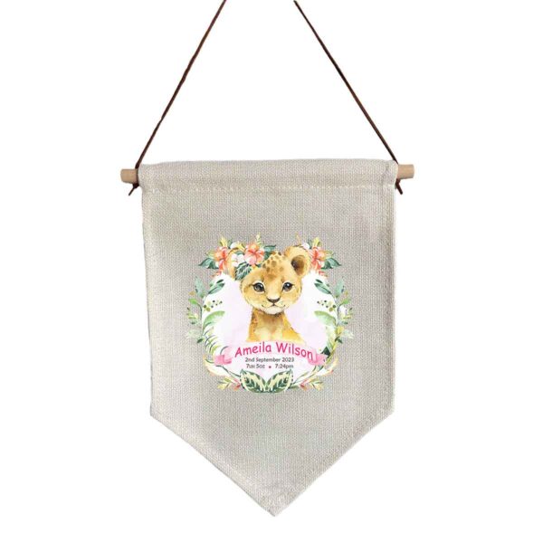 Girl Lion Linen Flag with Birth Details