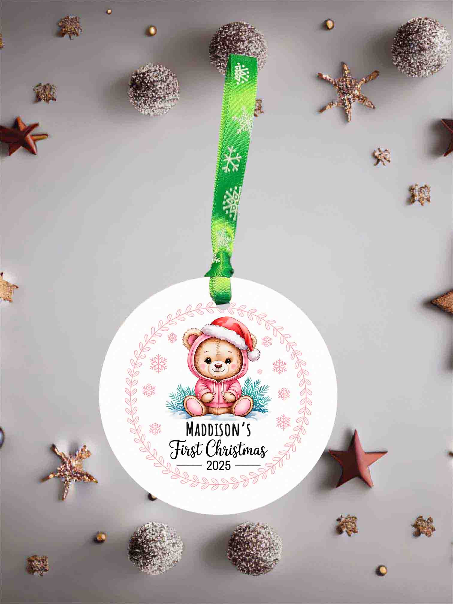 Personalised Pink Bear First Christmas Acrylic Ornament