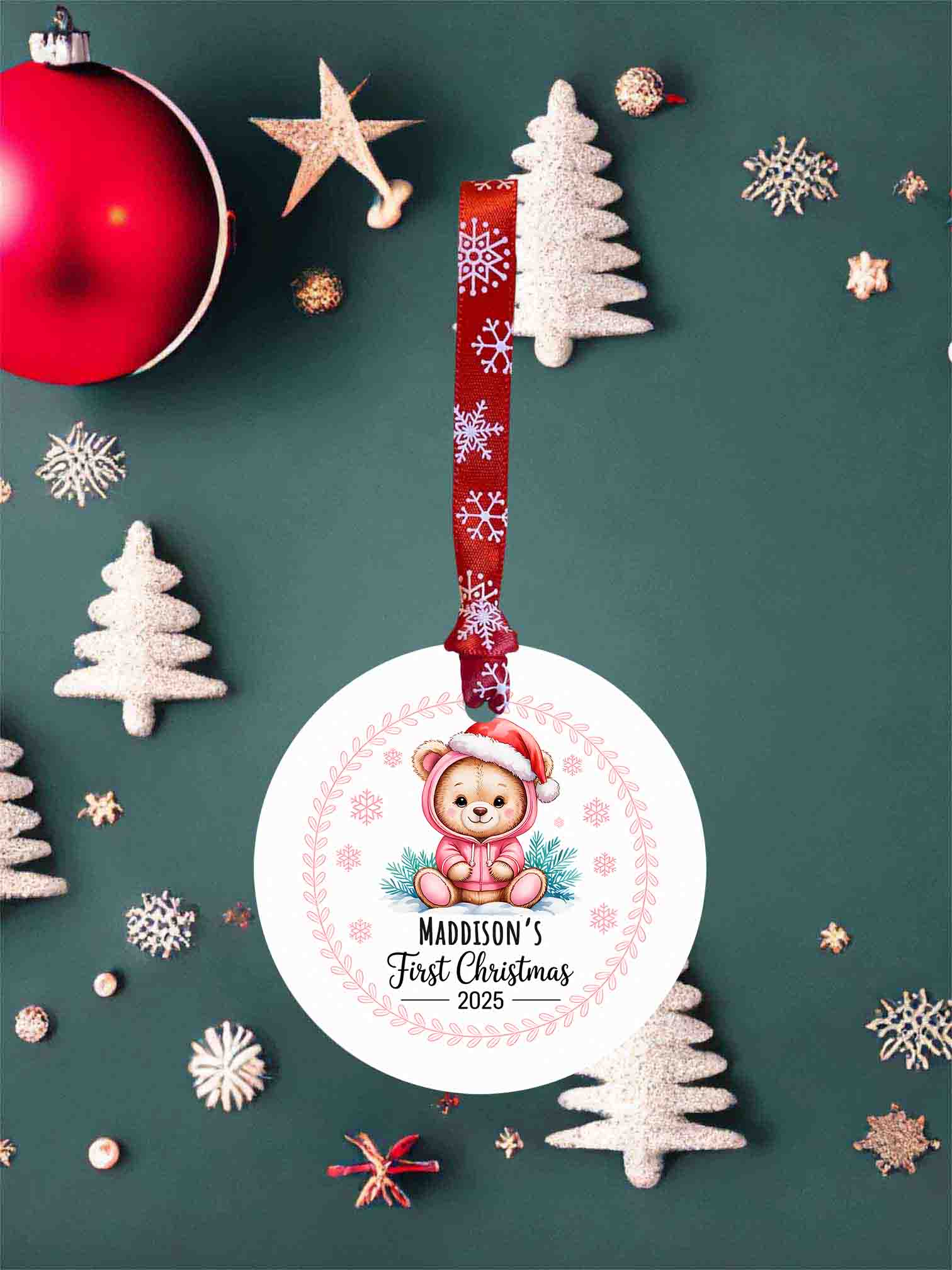 Personalised Pink Bear First Christmas Acrylic Ornament - Image 2