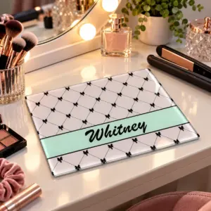 Personalised Glass Vanity Board - Black Bow & Pink Design