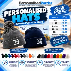 Personalised Embroidered Beanies & Pom Pom Hats – Bulk Discounts